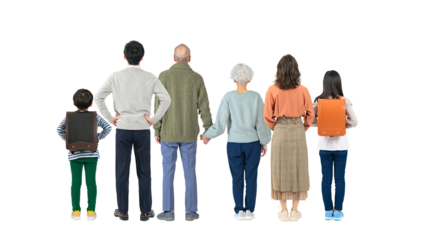 何かを眺める三世代家族の後ろ姿　手作業で精密に切り抜いた背景透過全身写真PNG（1人ずつのPNG画像も販売しております。作成者リンクから「PNG」で検索してください）