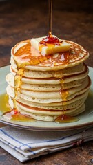 Stack of fluffy pancakes drizzled with hot chili honey and topped with butter
