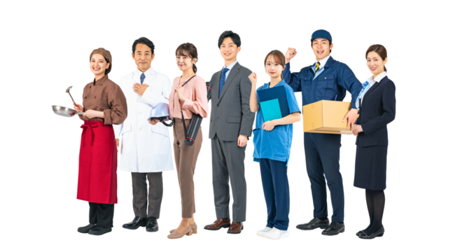 横に並ぶ様々な職業の人々のグループ　手作業で精密に切り抜いた背景透過全身写真PNG（1人ずつのPNG画像も販売しております。作成者リンクから「PNG」で検索してください）