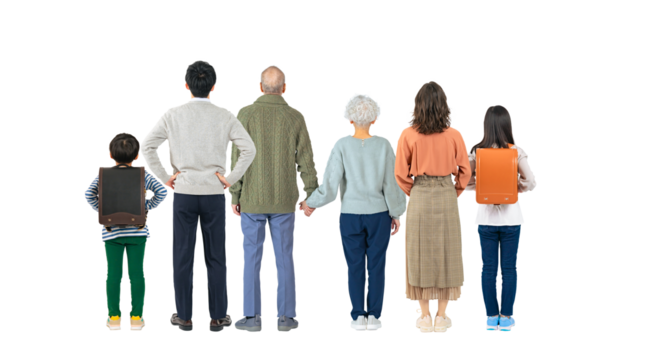 何かを眺める三世代家族の後ろ姿　手作業で精密に切り抜いた背景透過全身写真PNG（1人ずつのPNG画像も販売しております。作成者リンクから「PNG」で検索してください）