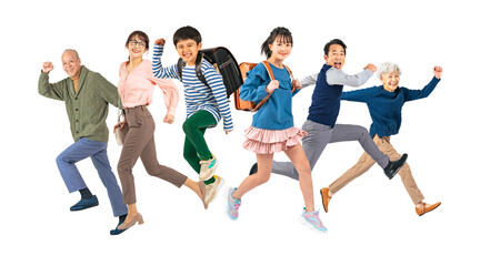 Obraz premium 元気よくジャンプする三世代家族 手作業で精密に切り抜いた背景透過全身写真PNG（1人ずつのPNG画像も販売しております。作成者リンクから「PNG」で検索してください）