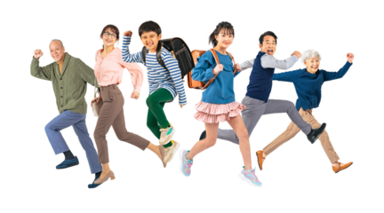 元気よくジャンプする三世代家族　手作業で精密に切り抜いた背景透過全身写真PNG（1人ずつのPNG画像も販売しております。作成者リンクから「PNG」で検索してください）