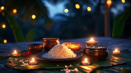 Traditional Onam Meal Beautifully Presented with Flickering Lights