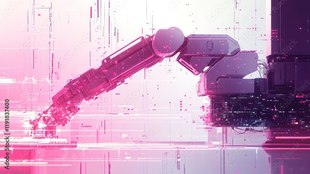 Poster robotic arm interacting with digital interface.