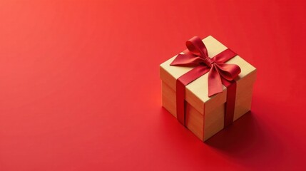 Obraz premium A golden gift box with a crimson ribbon, perfect for celebratory occasions and conveying heartfelt sentiments.