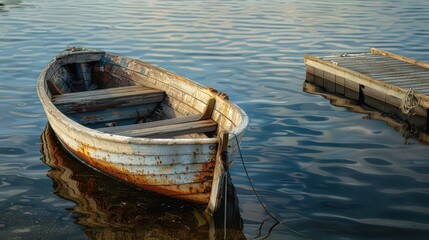 A weathered boat rests in calm waters, reflecting the surrounding environment.
