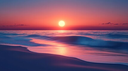 Obraz premium Vibrant sunset over calm ocean waves on sandy beach.