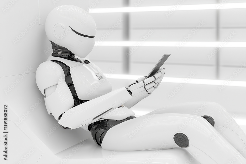 Poster white humanoid robot using a tablet device in a sleek futuristic environment