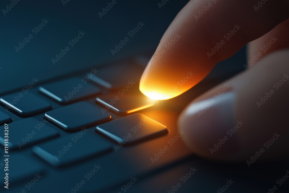 Poster finger pressing futuristic keyboard key in a dark environment with glowing light