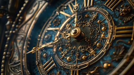 Obraz premium An ornate vintage clock with intricate details and a blue background, showcasing craftsmanship.