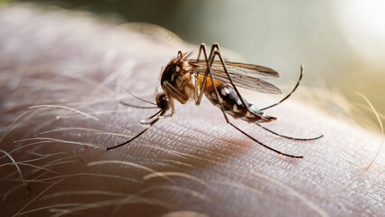 Close-Up of a Mosquito on Human Skin, A Visual Representation of Dengue Fever Risk: A highly detailed close-up photo of a mosquito resting on a human arm