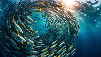 Underwater Photography of a Fish School Forming a Dynamic Swirl