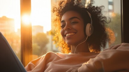 A woman smiling while listening to music through headphones, with the sunlight streaming