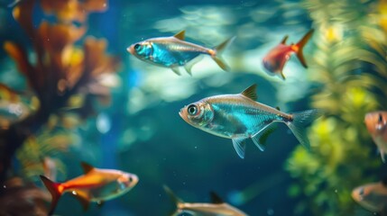 Naklejka premium A vibrant underwater scene featuring colorful fish swimming among aquatic plants.