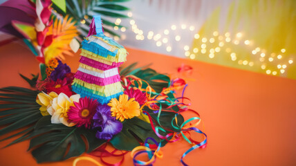 Festive Pi ata with Tropical Flowers and Colorful Ribbons Fiesta Party Decoration