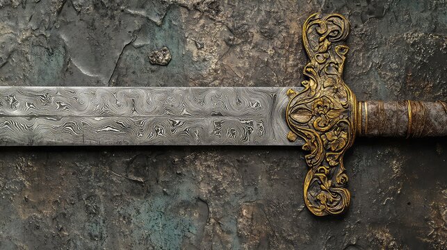Medieval sword displaying damascus steel blade and ornate brass crossguard, featuring weathered metal texture and rustic patina in dramatic studio lighting. - Powered by Adobe