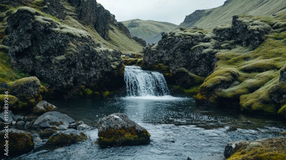 Poster crystal clear waterfalls cascading over moss covered rocks create a picturesque scene in an unspoile