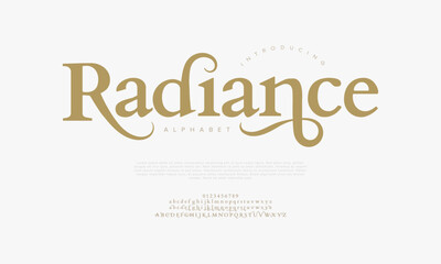Radiance typography beauty fashion elegant minimalist serif italic fonts decorative wedding vintage retro logos. Minimal luxury font alphabet logo. Vector illustration