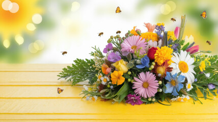 Vibrant Summer Bouquet Bees Butterflies Yellow Wood Table