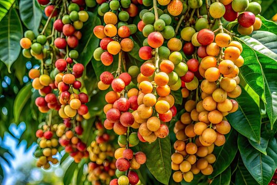 Aerial Close-up of Baccaurea Motleyana (Rambutan, Rambei, Mafai-Farang) Tree in Malaysia - Southeast Asian Fruit