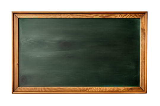 Green school chalkboard with a wooden frame, isolated on transparent background.