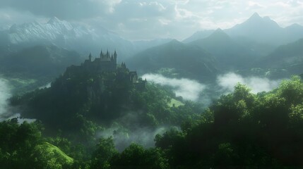 A breathtaking view of a medieval castle on a hill, surrounded by lush forests and rolling green hills, with clouds floating softly across the sky HD, realistic