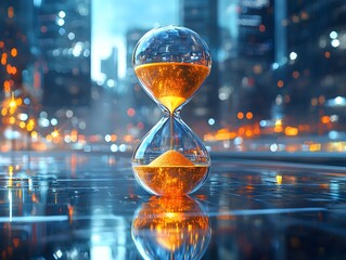 Metallic Hourglass Icon Reflecting Futuristic Cityscape Concept of Modern Time Rush