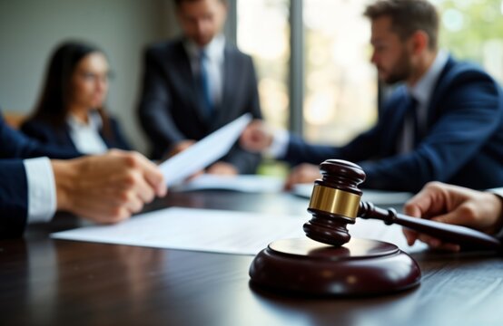 Lawyers in meeting discuss legal cases, documents. Attorneys review paperwork in law office. Provide legal advice, guidance to clients. Focus on litigation, contracts. Business professionals, people