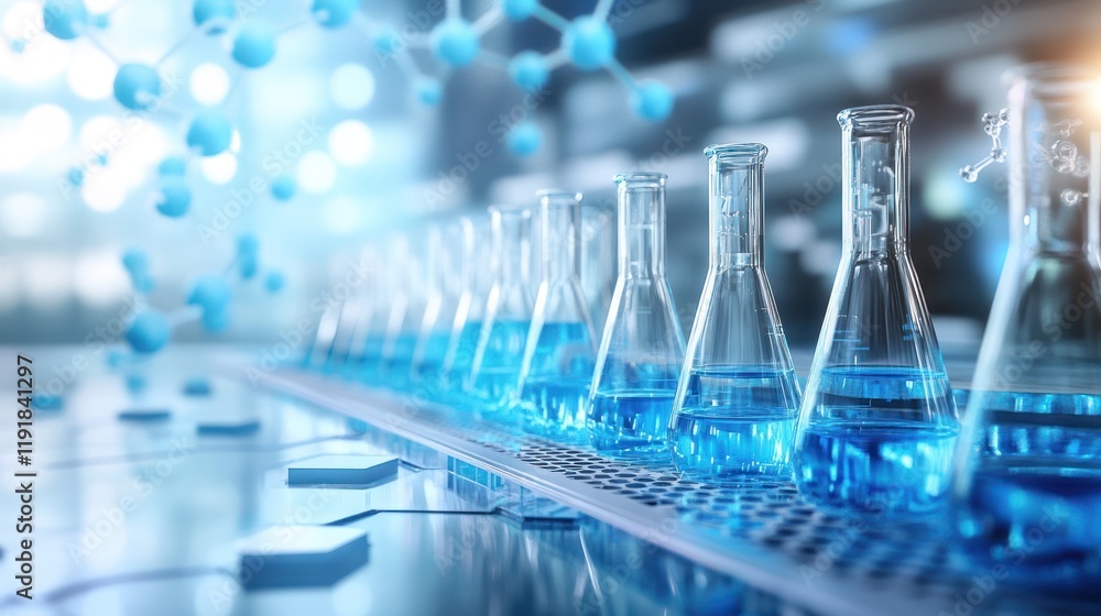 Poster blue liquid in erlenmeyer flasks on a lab bench with molecule background.
