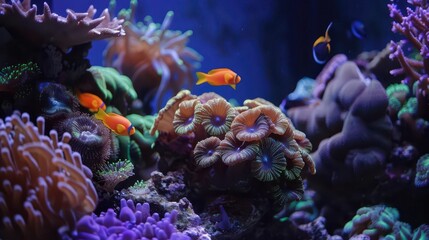 Obraz premium Vibrant underwater scene with colorful coral and fish in a reef ecosystem.