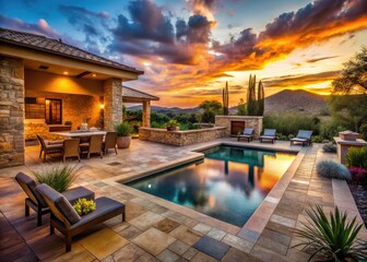 Obraz premium Arizona Desert Backyard Oasis: Travertine Pool, Spa & Outdoor Kitchen - Urban Exploration Photography