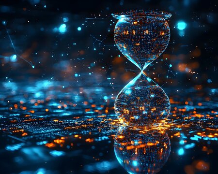 Futuristic Hourglass Icon with Holographic Time Metrics Visualization