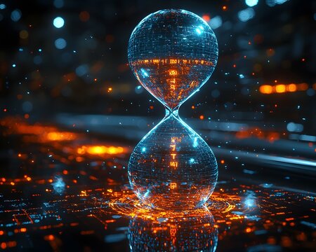 High Tech Hourglass Icon with Holographic Data Visualizations