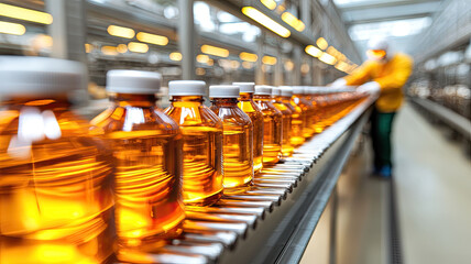 Naklejka premium Bottles of amber liquid on production line in factory setting