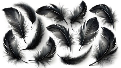 Obraz premium Black Feather Silhouettes: Plumelet Collection, High-Resolution Images, Isolated Feathers, Bird Feathers, Silhouette Photography