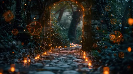 A mystical stone archway surrounded by glowing lights and lush greenery.