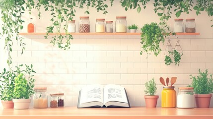 Fototapeta premium Open cookbook on kitchen counter with herbs, spices, and hanging plants.
