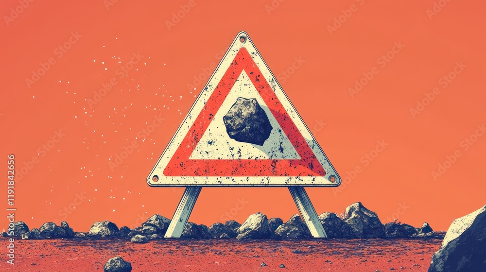 Poster rusty warning triangle sign with rocks.