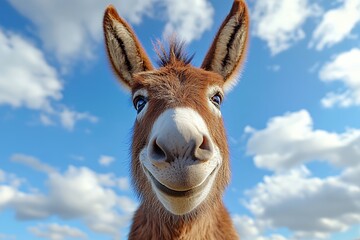 Close-up of a smiling donkey with a bright blue sky background.