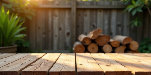 Rustic Wooden Tabletop in Serene Backyard Setting with Sunlit Planks and Blurred Wooden Logs
