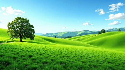Fototapeta premium A verdant meadow bathed in sunlight, featuring a solitary, graceful tree casting shadows over lush green blades of grass—an idyllic outdoor escape