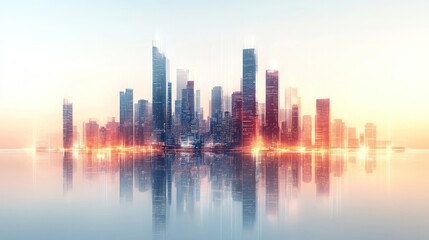 Fototapeta premium Modern city skyline reflecting on calm water at sunrise.