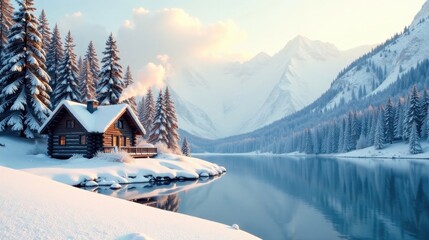 Serene Winter Wonderland Log Cabin by a Still, Frozen Lake Nestled Amongst Snow-Covered Evergreens and Majestic Mountains at Sunrise