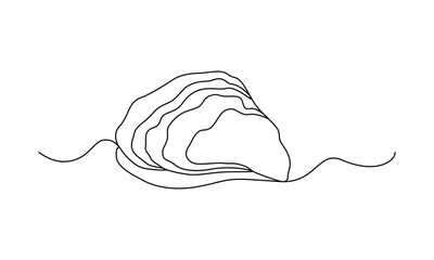 Oyster drawn with continuous line in minimalism, abstract style, bivalve mollusk, marine inhabitant, delicacy, food, one line, editable vector contour