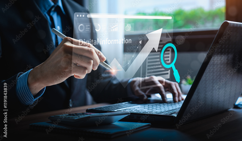 Poster business professional analyzing digital information and data insights with interactive graphs and ch