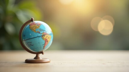 A miniature world globe rests on a wooden surface, bathed in soft sunlight, symbolizing global exploration and discovery.
