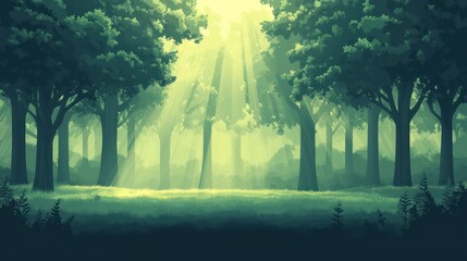 Sunlit forest clearing with tall trees and lush greenery.