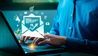 Digital Email Marketing Concept with Business Professional Using Laptop to Optimize Campaigns,...