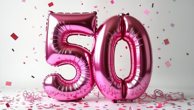 Pink foil balloons forming the number 50 on a white background with confetti. Festive celebration atmosphere. Perfect for a fiftieth birthday or anniversary. Decorations create a party mood.
