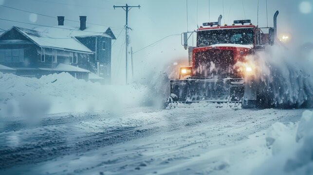 A snowplow clears a snowy road in a winter landscape, showcasing heavy snowfall and a house.